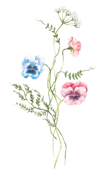 Beautiful stock illustration with hand drawn watercolor gentle field flowers. Floral composition. - Valokuva, kuva