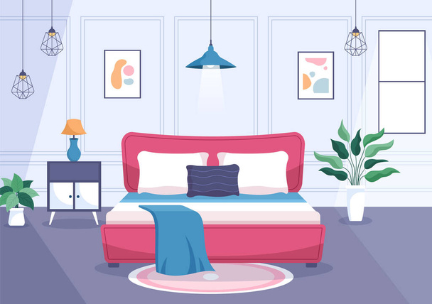 Acogedor dormitorio interior con muebles como cama, armario, mesita de noche, florero, lámpara de araña de estilo moderno en ilustración vectorial de dibujos animados - Vector, imagen