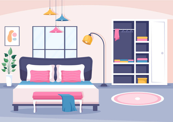 Cozy Bedroom Interior with Furniture Like Bed, Wardrobe, Bedside Table, Vase, Chandelier in Modern Style in Cartoon Vector Illustration - Vector, Imagen