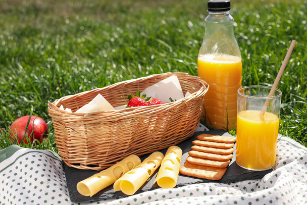 Blanket with juice and snacks for picnic on green grass - Fotoğraf, Görsel