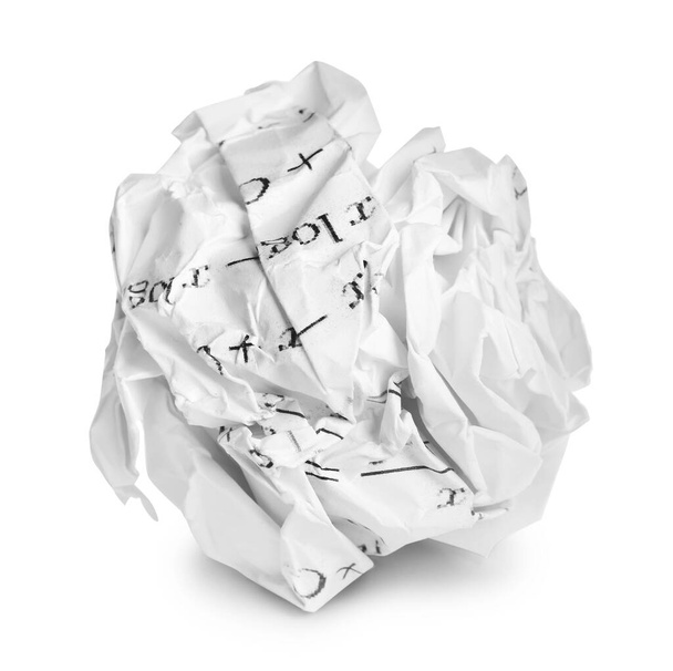 Crumpled sheet of paper with math equations isolated on white - Foto, Imagem