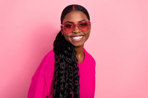 Photo of sweet millennial brunette lady wear glasses sweater isolated on pink color background - Φωτογραφία, εικόνα