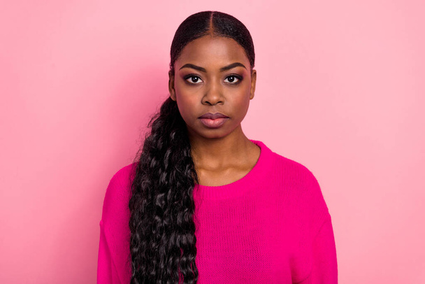 Photo of nice young tail hairdo lady wear sweater isolated on pink color background - Φωτογραφία, εικόνα
