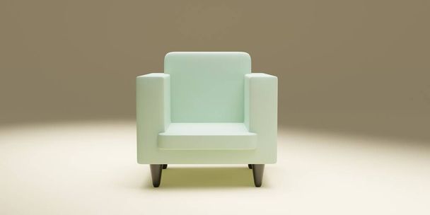 White cartoon armchair isolated on brown background. Classic, comfort, pop art empty soft sitting furniture. Minimal design concept. Close up front view, banner. 3d render - Фото, изображение