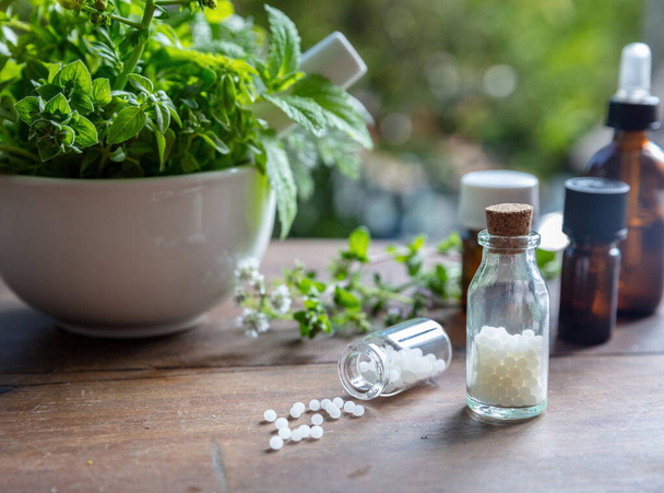Homeopathie apotheek, kruiden, natuurlijke geneeskunde. Homeopathische bollen verspreid uit een glazen fles, vers kruid in een vijzel, groene natuur achtergrond. - Foto, afbeelding