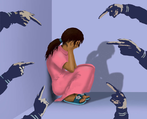 Μια λυπημένη νεαρή γυναίκα κάθεται στο πάτωμα, πολλά δάχτυλα την δείχνουν, η γυναίκα καλύπτει το πρόσωπό της με ντροπή. Εικονογράφηση - Φωτογραφία, εικόνα