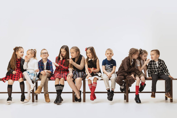 Shares secrets. Ten school and preschool age children, girls and boys sitting on banch isolated on grey background. Beauty, kids fashion, education, happy childhood concept. - Фото, изображение