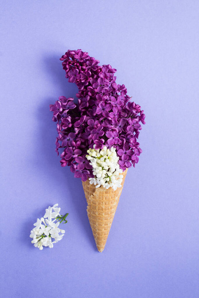 Ice cream cone with white and purple lilac on the violet background. Location vertical. - Fotografie, Obrázek