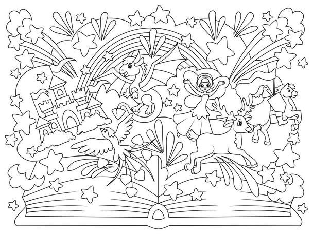 Magic book of fairy tales with fairy tale characters. Coloring book page. Animals cartoon. Coloring page outline of cartoon. Raster illustration, coloring book for kids. - Foto, afbeelding