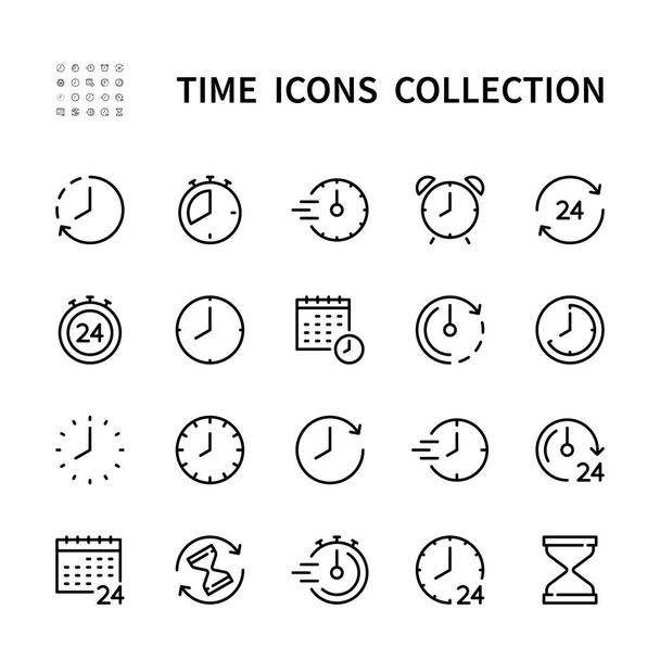 Time and clock vector linear icons set. Timepiece management. Alarm, timer, speed, period, recovery, hourglass, arrow, watch, calendar and more. Isolated time icon collection on white background. - Вектор,изображение