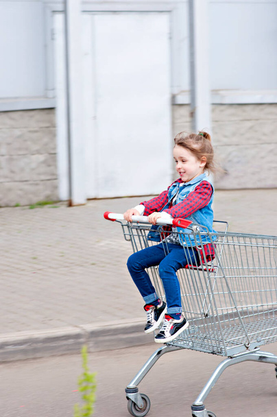 Little girl has fun while sitting in shopping trolley. The child went shopping with parents to the commercial center. The girl fools around, makes different emotions, shows tongue, rides in a cart - Fotografie, Obrázek