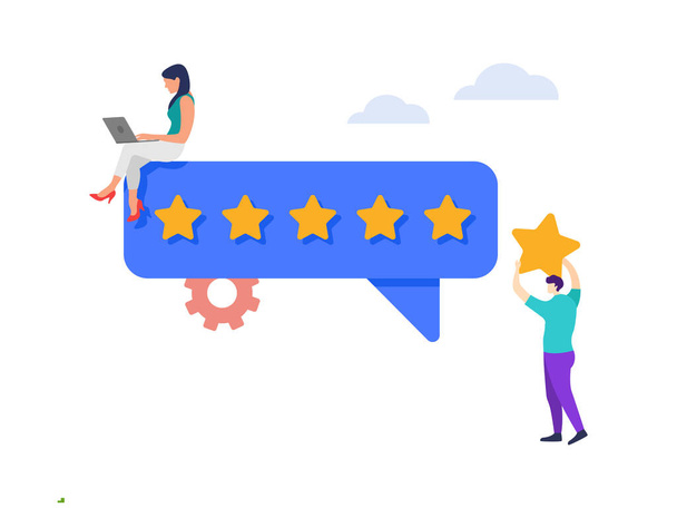 People giving five star feedback. Customer reviews stars with good and bad rate and text illustration. - Vettoriali, immagini