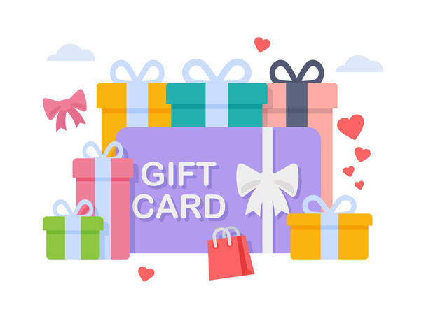 Gift card and promotion gift voucher, discount coupon and gift certificate concept illustration. - Vetor, Imagem