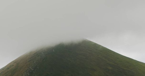 the top of the mountain covered with a gray cloud. Fog movement along Hoverla, Carpathians, Ukraine. - Foto, imagen