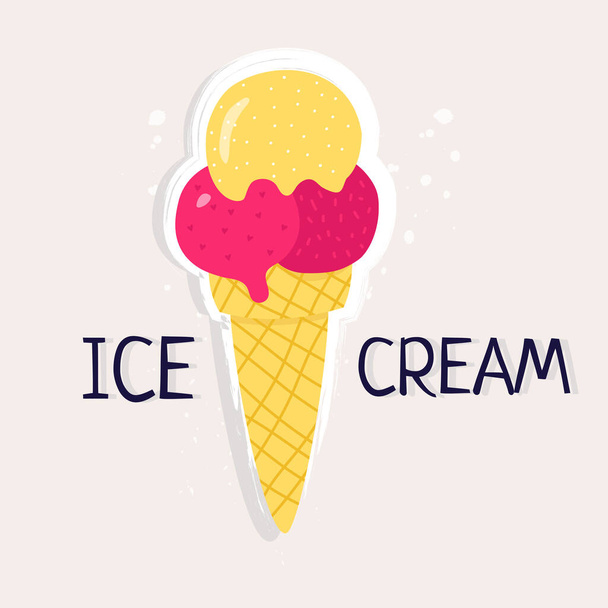 Trendy summer sticker with a picture of delicious ice cream. The inscription "ice cream". A colorful postcard with a modern illustration for the Internet and print. - Vektor, kép