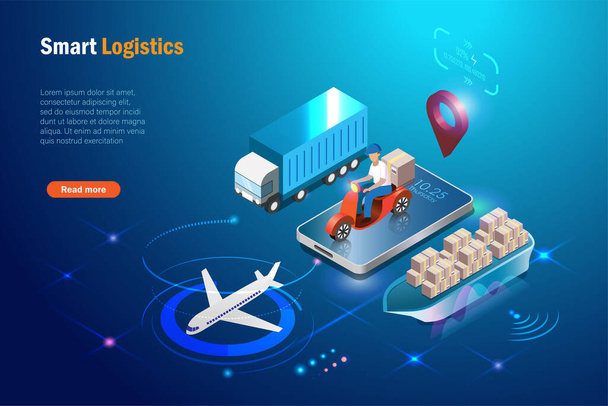 Global logistics. Online delivery and smart supply chain delivery system. Deliveryman on smartphone network connecting in airfreight, seafreight and transportation truck tracking system. - Διάνυσμα, εικόνα