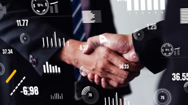 Koncepční business handshake s přístrojovou deskou pro analýzu finančních dat - Záběry, video