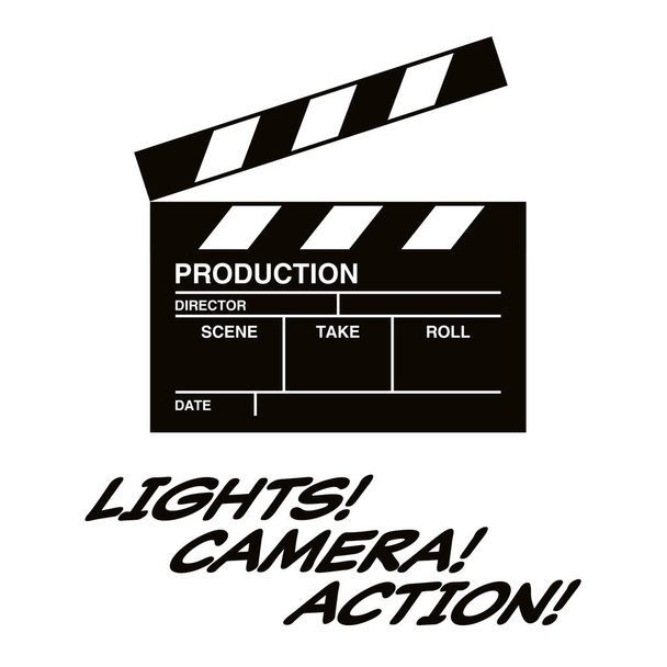 Placa de aplauso de filme - imagem de placa de aplauso de Hollywood isolada no fundo branco. Mensagem de texto - luzes, câmera, ação. - Vetor, Imagem