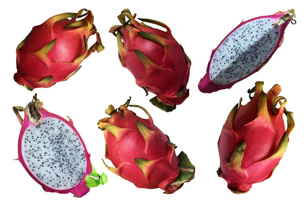 Fresh dragon fruit set, pitaya isolated white background, bright pink coloured tropical delicious vegetarian food full of vitamins, clipping path image - Fotoğraf, Görsel