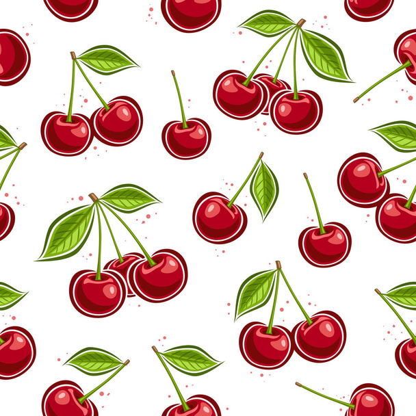 Vector Cherry Seamless Pattern, repeat background with collection of cut out illustrations ripe cherries with green leaves, group of various flat lay cherry berries for interior on white background - Vektor, obrázek