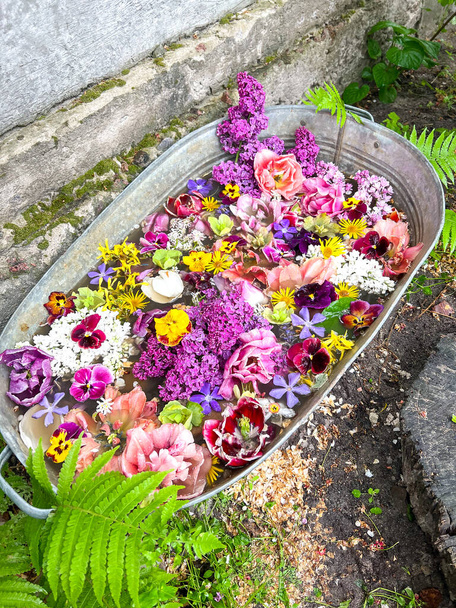 Bir sürü renkli çiçekli Rustik teneke küveti. Bahçe fikirleri - Fotoğraf, Görsel