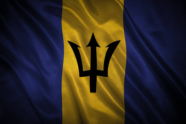 Κοντινό πλάνο του grunge σημαία των Μπαρμπάντος. Σημαία με αρχικές αναλογίες - Φωτογραφία, εικόνα