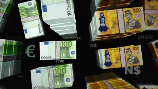 Euro ve Brunei Dolar değişimi. Kağıt banknotlar tomar tomar. Ticaret, ekonomi, rekabet, kriz, bankacılık ve finans kavramı. Döngüsüz 3D canlandırma notaları. - Video, Çekim