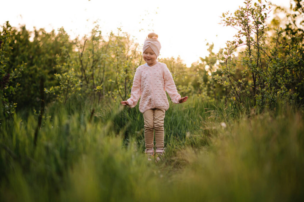 Little girl have fun in a hight green grass in the sunset - Photo, Image