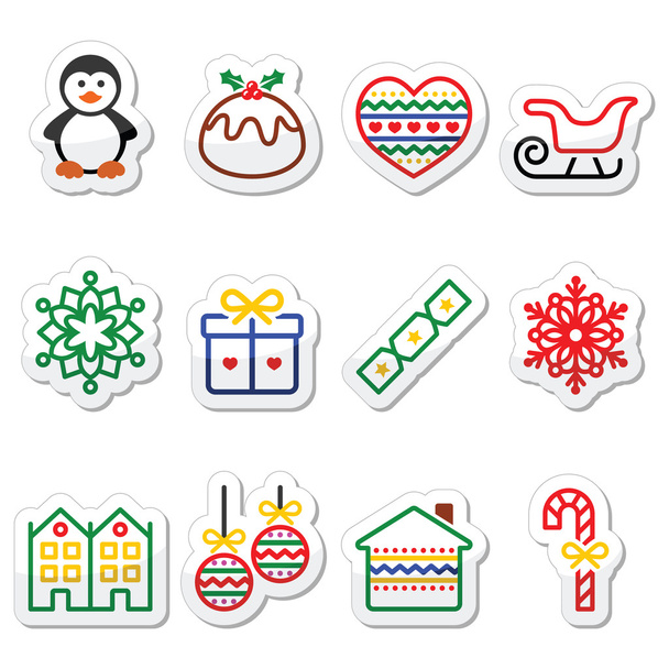 Christmas, winter icons with stroke - penguin, Christmas pudding - Vektor, Bild