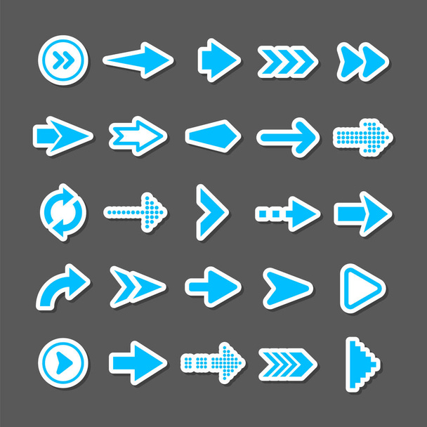Colorful arrow stickers set. Blue cursor icons, pointers collection. Simple arrows in different shapes. Next, back web signs. Vector illustration. - Vector, Image