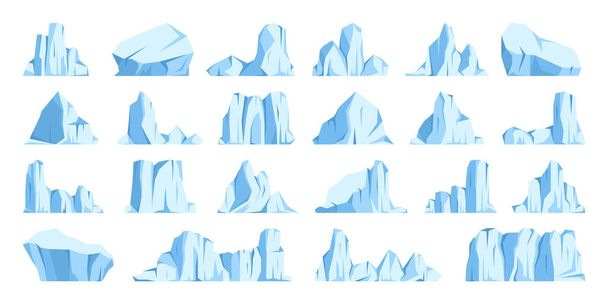 Collection d'icebergs flottants. Glacier arctique dérivant, bloc d'eau de mer gelée. Montagnes glacées avec neige. Fusion du pic de glace. Paysage enneigé antarctique. Pôle Sud et Pôle Nord. Illustration vectorielle. - Vecteur, image