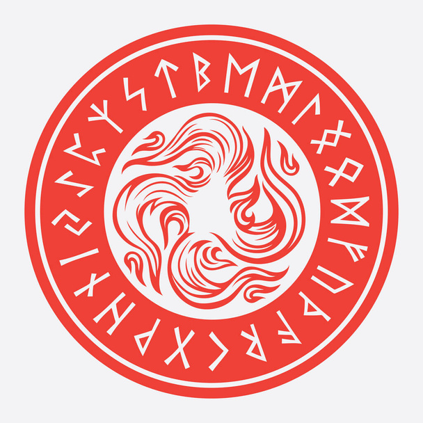 Design in Old Norse style. Fiery, solar cross and a circle of runic symbols - Vector, imagen