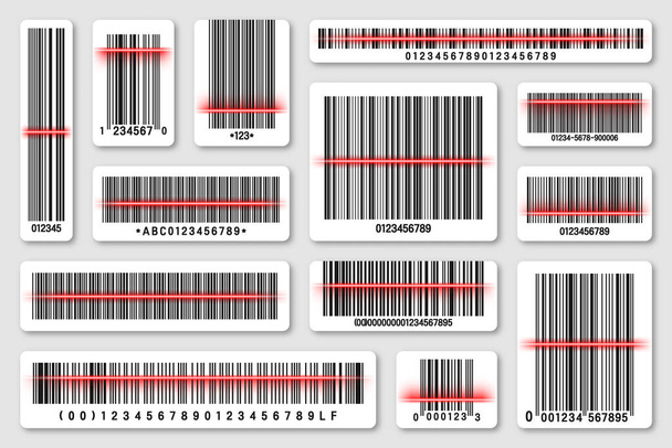 Conjunto de códigos de barras del producto con línea de escaneo rojo. Código de rastreo de identificación. Número de serie, identificación del producto con información digital. Almacene o supermercado escanear etiquetas, etiqueta de precio. Ilustración vectorial. - Vector, imagen