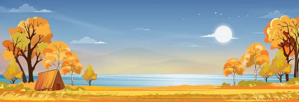 Paisaje otoñal en el pueblo junto al lago con campo de hierba, montaña, cielo rosa y nubes, Vector naturaleza dibujos animados paisaje telón de fondo de la temporada de otoño, Panorámica rural por río con puesta de sol en la noche - Vector, imagen