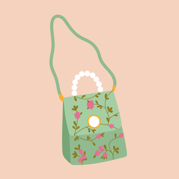 Κομψό καρτούν γυναικεία πράσινη τσάντα με λουλούδια και μαργαριτάρια - Διάνυσμα, εικόνα