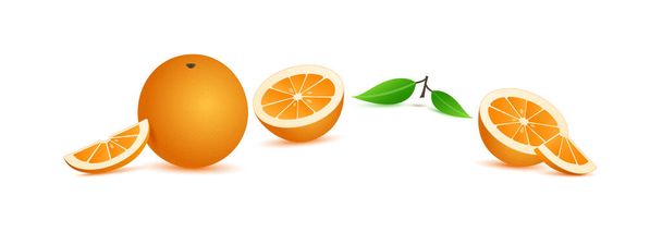 Orange vector icon, citrus fruit and leaf 3d isolated on white background. Nature illustration - Wektor, obraz