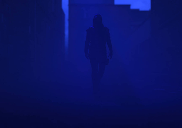 Mysterious man in a hoodie walks in a misty abandoned urban alley at dusk. 3D render. - Valokuva, kuva