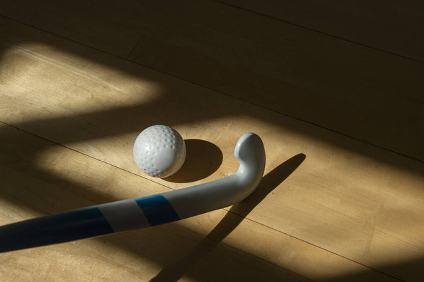 Field hockey stick and white ball with natural lighting on parquet floor. Sport team concept. Horizontal sport theme poster, greeting cards, headers, website and app - Foto, Imagen