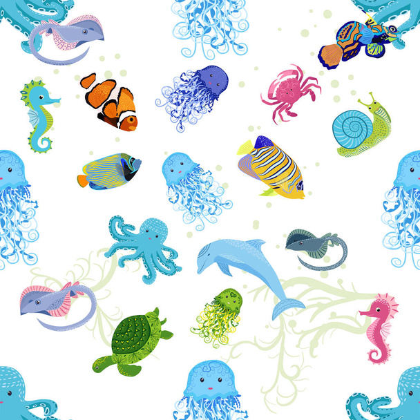 Marine life, fish, animals bright seamless pattern. sea travel, underwater diving animal tropical fish. Jellyfish, whale, shark, seahorse, clown fish, dolphin, turtle emperor fish octopus stingray - ベクター画像