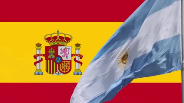 Σημαία Αργεντινής και Σημαία Ισπανίας, Έννοια Φιλίας και Διεθνείς Σχέσεις μεταξύ Χωρών.  - Πλάνα, βίντεο