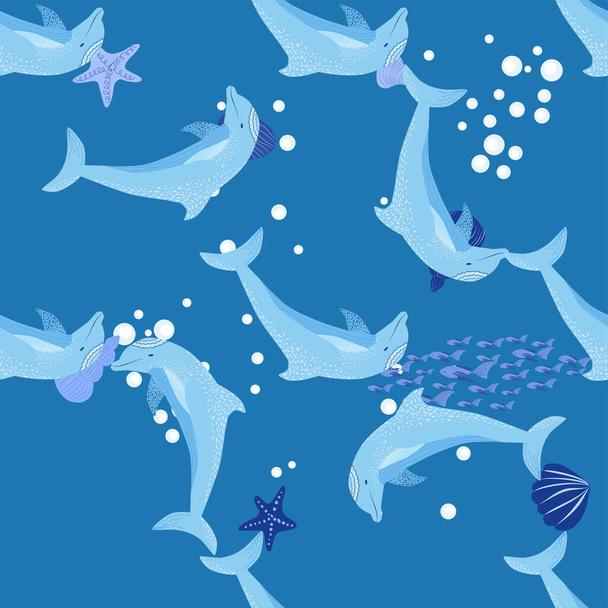 Dolphin, sea inhabitants seamless pattern, beautiful character among seashells, algae, starfish, marine wildlife. - Vektor, obrázek
