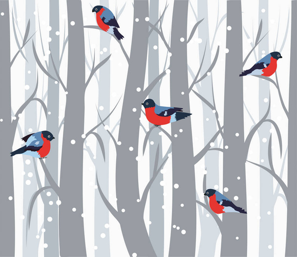 Winter seamless pattern with bullfinches and birch trees - Vektor, obrázek