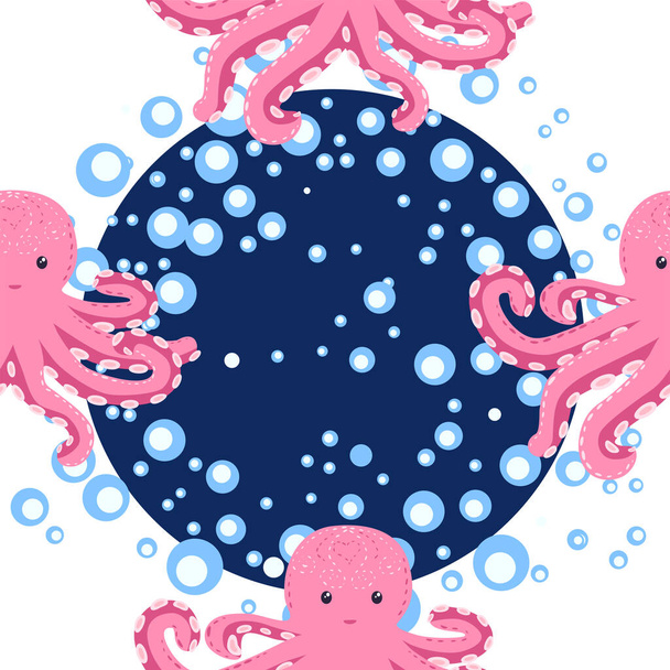 Nahtloses Muster mit niedlichem Oktopus, Algen und Perlen. Kindliches, nahtloses Muster mit niedlicher Handzeichnung. Trendiger Kindergarten-Hintergrund - Vektor, Bild
