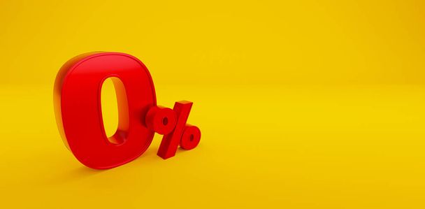 Czerwony zero procent lub 0% oferta specjalna na żółtym tle. Ilustracja 3D renderowania - Zdjęcie, obraz
