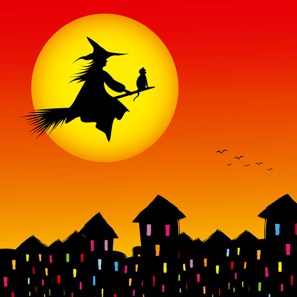Halloween-Hintergrund Silhouette einer Hexe fliegt in einem Besen - Vektor, Bild