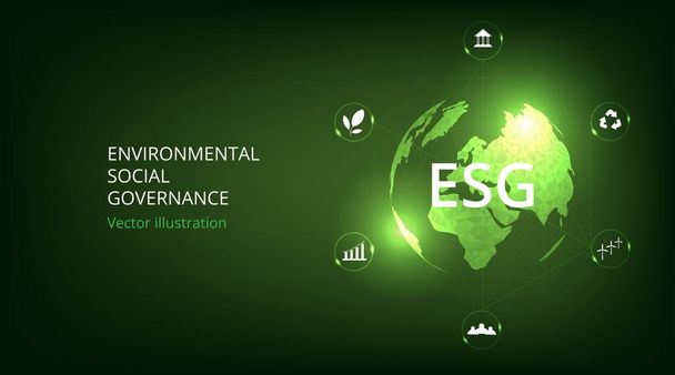  Sociaal en bestuursconcept op milieugebied. Groene aarde ESG icoon, Het oplossen van milieu-, sociale en beheersproblemen met pictogrammen. Wereldwijd concept voor duurzaam milieu. - Vector, afbeelding