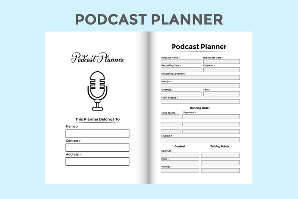 Podcast planner KDP interior log book. Daily podcast topic checker and information journal template. KDP interior notebook. Podcast hosting planner and guest information logbook interior. - Vector, Imagen