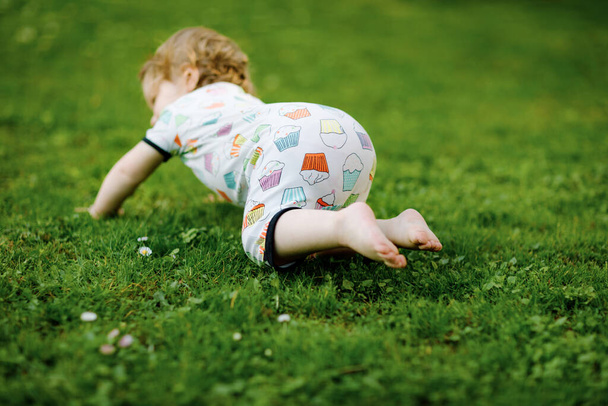 Χαριτωμένο αξιολάτρευτο κοριτσάκι ανιχνεύσουμε και να κάνει τα πρώτα βήματα σε εξωτερικούς χώρους. Υγιές, χαρούμενο παιδί που μαθαίνει να περπατάει. Υπέροχο κορίτσι απολαύσετε κήπο άνοιξη εξερευνήσετε τον κόσμο. - Φωτογραφία, εικόνα