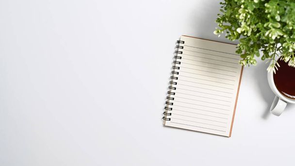 Notebook, coffee cup and potted plant on white background with copy space. Top view - Foto, imagen