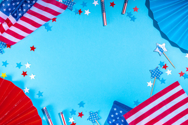 4 july independence day greeting card background with star confetti, American flags, festive decor, ribbon. USA Independence Day, American Labor day, Memorial Day, US election concept. - Φωτογραφία, εικόνα